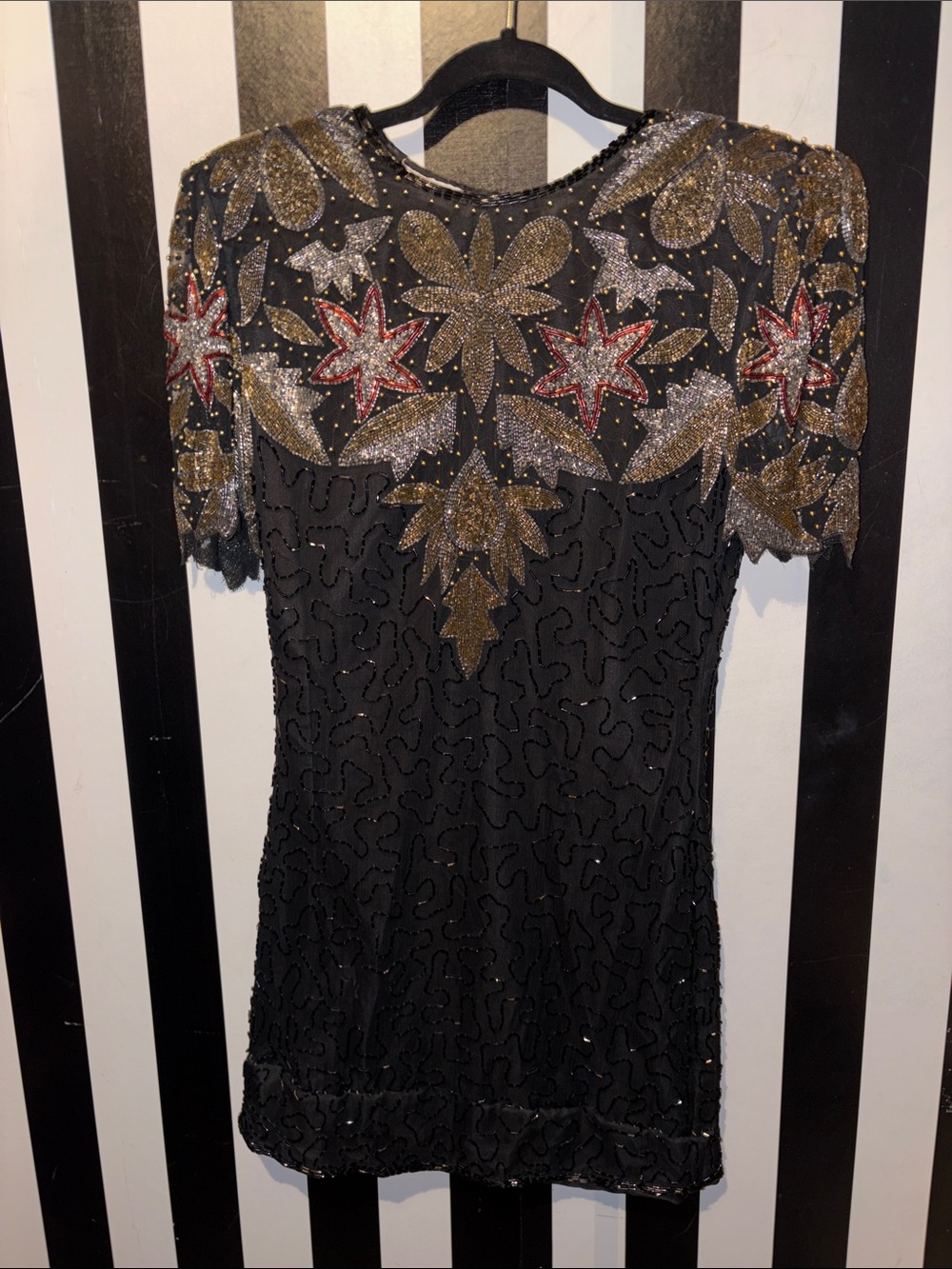 Laurence Kazar Black Mini Dress with Gold & Red Beading Pointsettia Holiday 2/4
